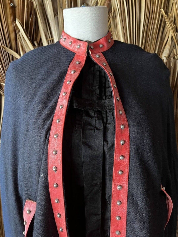 Vintage Black Cape with Red Leather Studded Trim - image 3