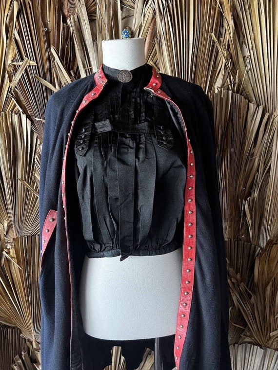 Vintage Black Cape with Red Leather Studded Trim - image 2