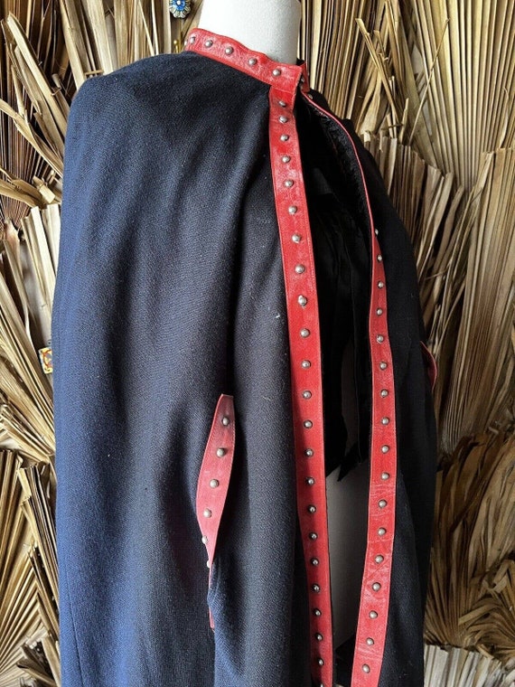 Vintage Black Cape with Red Leather Studded Trim - image 7
