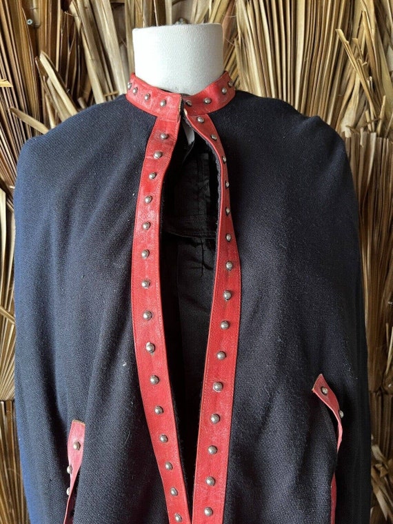 Vintage Black Cape with Red Leather Studded Trim - image 9