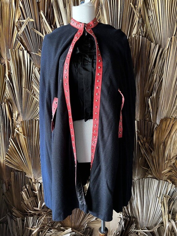 Vintage Black Cape with Red Leather Studded Trim - image 5