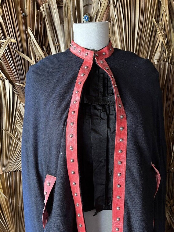 Vintage Black Cape with Red Leather Studded Trim - image 4