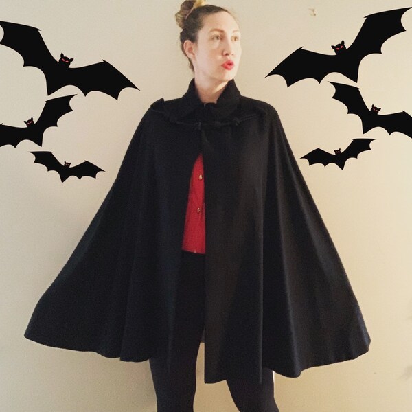 Vintage 1960s Black Wool Cape with Satin Trim