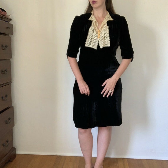 Vintage 1930s Black Velvet Dress Size XL Antique L