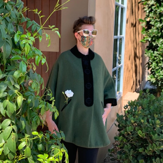 Vintage 1950s German Green Wool Cape with Embroide