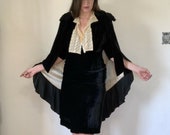 Antique Edwardian Cape Black Velvet Ruffle Shirred Shoulder Silk Lining