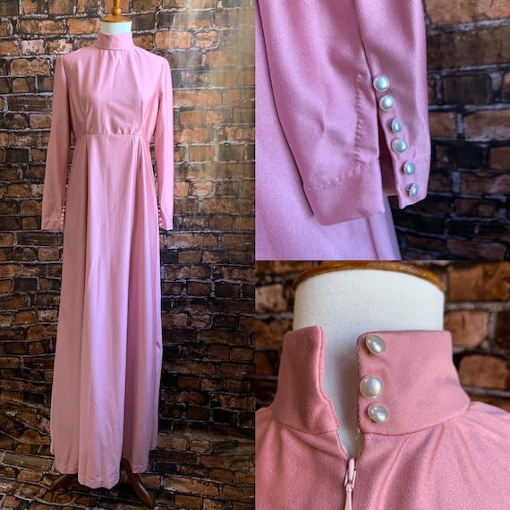 Vintage 60s/70s Dusty Rose Mock Neck Hostess Dress