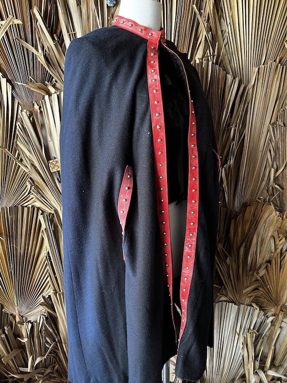 Vintage Black Cape with Red Leather Studded Trim - image 8