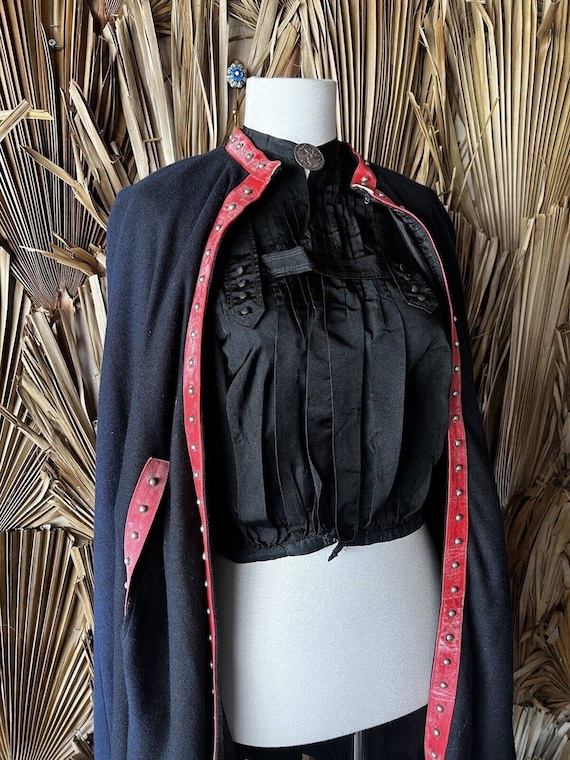 Vintage Black Cape with Red Leather Studded Trim - image 1