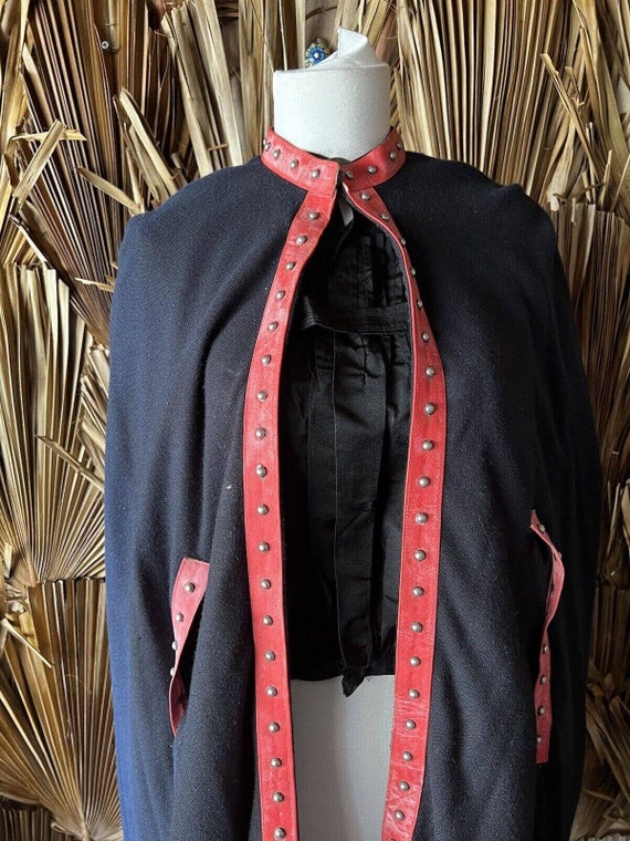 Vintage Black Cape with Red Leather Studded Trim - image 6