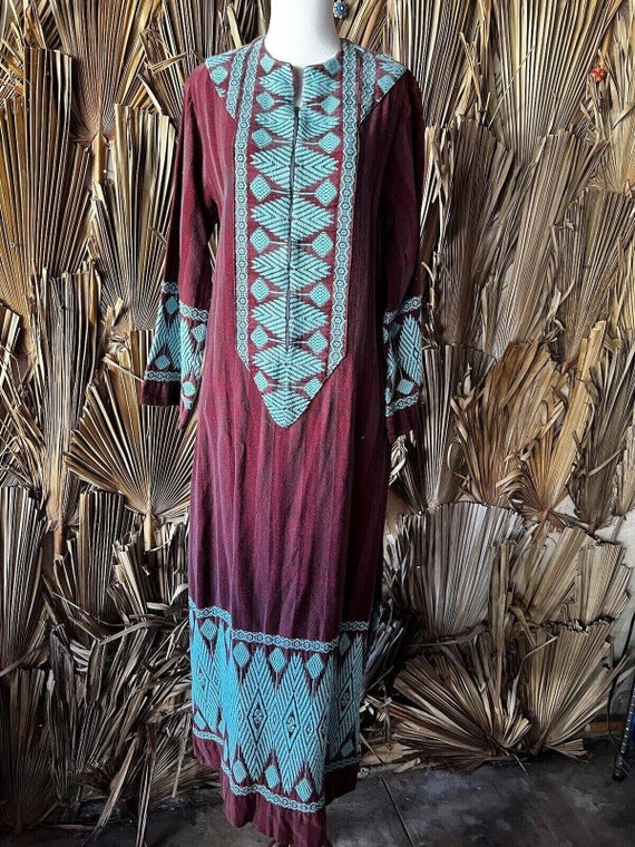 Vintage 70s Woven Caftan Long Sleeve Dress Guatem… - image 1