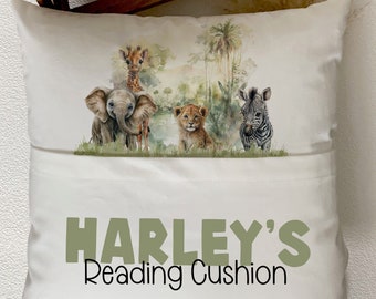 Personalised safari book cushion, Pocket reading cushion, Reading gift, Gift for children, Personalised gift