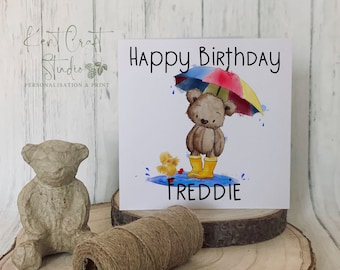 Personalised Rainy day Teddy Bear Birthday Greetings Card