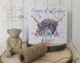 Personalised highland cow birthday card, Greetings card