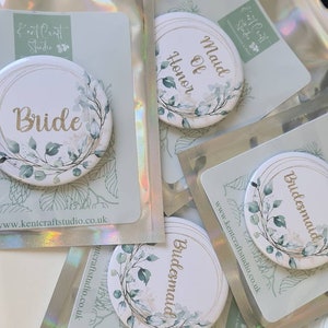 Personalised Bride to Be Badge - Hen Do - Bridal Party - Gold- Green leaf - Botanical