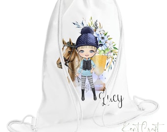 Personalised Equestrian Horse Riding Girl Drawstring Gym PE Swim Storage Bag