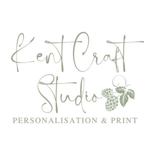 May include: Kent Craft Studio logo with the text "Kent Craft Studio" in a cursive font and the text "Personalisation & Print" below. The logo features a green stylized hop leaf and hop cones.