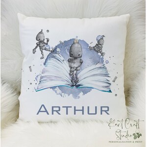 Personalised cushion, Boy&#39;s reading gift, Robot cushion gift, Gift for him
