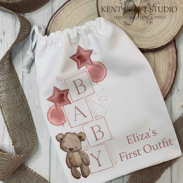 Personalised Baby First Outfit Bag - Nappy Bag - Baby Shower - Rose Gold - Pink - Grey - Teddy Bear - Blocks