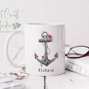 Personalised sailor mug,  Anchor mug, Poppy mug gift, Nautical gift