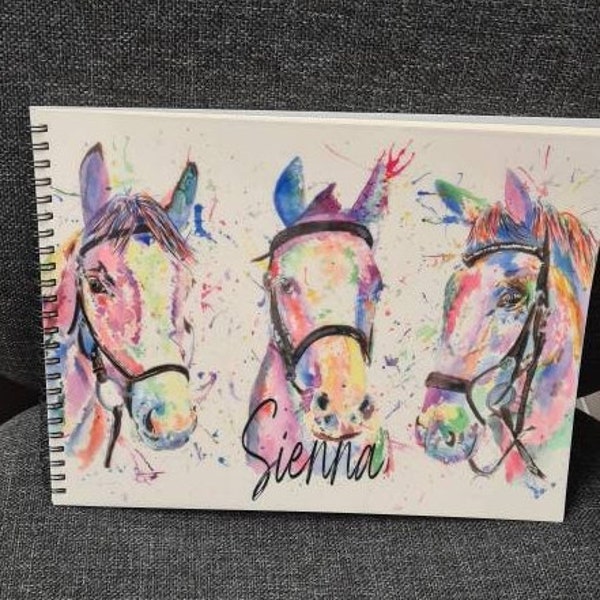 Personalised Horse Water colour Splatter Sketch Art Book - Drawing - Scrap Book - Note Pad