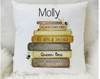 Personalised bumble bee cushion, Reading gift, Affirmation cushion gift