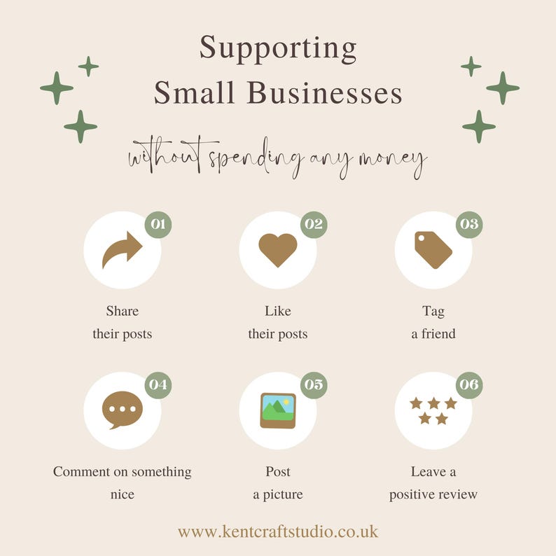 May include: A beige background with a green and white graphic of six ways to support small businesses without spending money. The graphic includes icons for sharing, liking, tagging, commenting, posting a picture, and leaving a positive review. The text "Supporting Small Businesses without spending any money" is at the top of the graphic. The text "www.kentcraftstudio.co.uk" is at the bottom of the graphic.