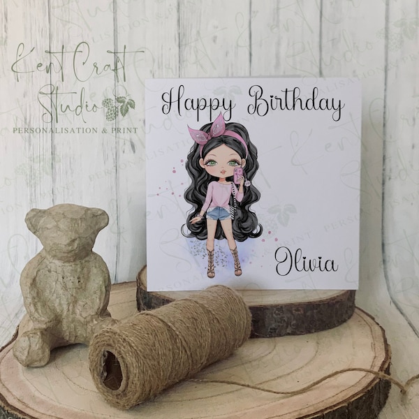 Personalised Girl Teen Birthday Card - Rock Chick - Space Buns - Cool - Editable Hair - Dark skin