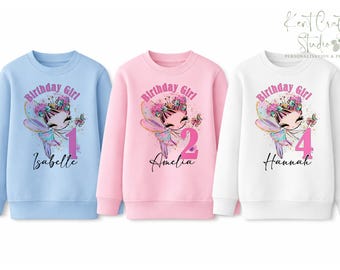 Personalised Children’s Birthday Sweatshirt – Custom Name Kids Jumper – Fairy Design – Blue, Pink or White