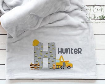Personalised construction blanket, Digger alphabet blanket gift, Gift for him, Digger bedroom décor