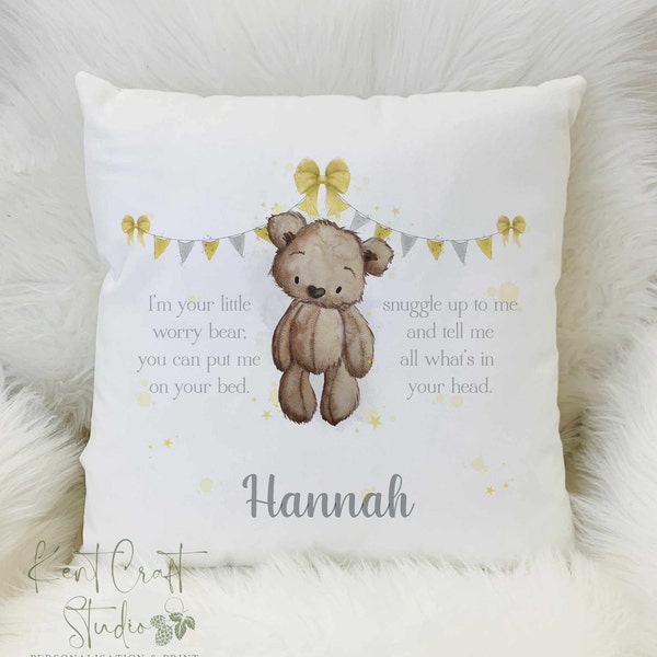 Personalised Brown Bear Worry Cushion - Unisex - Grey - Yellow - Bedroom Decor