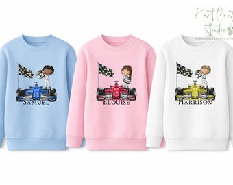 Personalised Children’s Racing Sweatshirt – Custom Name Kids Jumper – Formula Car Design – Blue, Pink or White