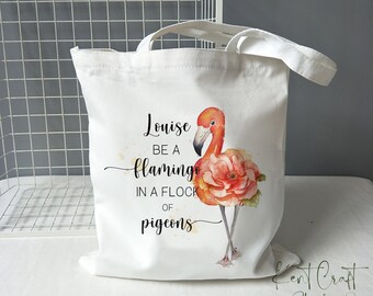 Personalised flamingo shopping tote bag, Gift for her, Reusable gift bag