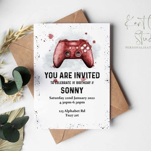May include: A red and white birthday invitation featuring a red video game controller graphic. The invitation reads "You are invited to celebrate birthday Sonny" and includes the date, time, and address.
