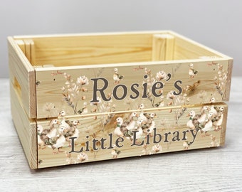 Personalised Neutral Duck Wooden Book Library Toy Crate, Book Storage Box