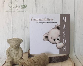 Personalised new baby card, Teddy bear card, New arrival gift, Baby shower gift