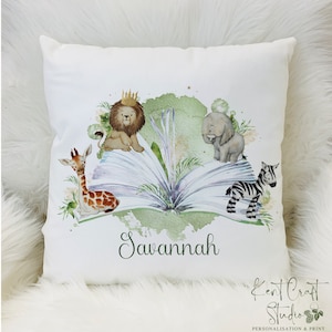 Personalised cushion, Safari cushion, Reading gift, Children&#39;s book cushion