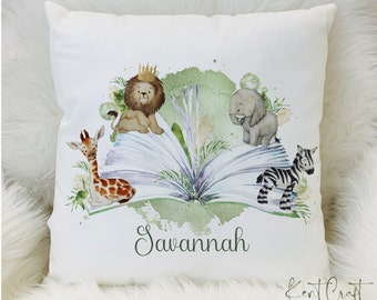 Personalised cushion, Safari cushion, Reading gift, Children's book cushion