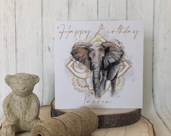 Personalised Elephant Mandala Birthday Greetings Card