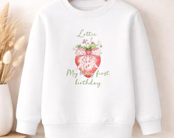 Personalised Girl's Strawberry Sweatshirt – Custom Name Kids Jumper – Berry First Birthday