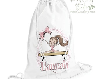 Personalised Gymnastic Beam Girl Drawstring Gym PE Swim Storage Bag