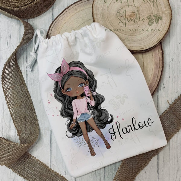 Personalised Drawstring Bag - Teen Girl - Party - Storage - Pyjama Sleepover - Toy - Rock Chic Gift