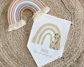 New Baby Safari Rainbow Personalised Pennant Flag - Bedroom Nursery Decor