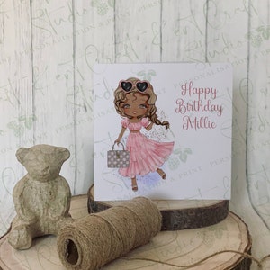 Personalised Girl Teen Birthday Card - Doll - Handbag - Cool - Editable Hair - Dark skin