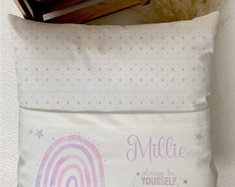 Personalised unicorn book cushion, Girls bedroom pillow, Gift for her, Unicorn rainbow