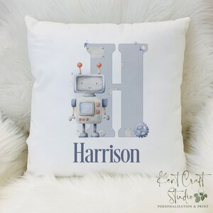 Personalised robot cushion, Alphabet cushion,  Boy&#39;s bedroom cushion gift, Home décor, Gift for boys