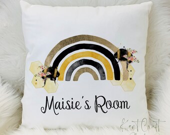 Personalised bumble bee cushion, Home décor, Bee décor, Rainbow cushion