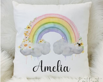 Personalised Girls Rainbow Watercolour Cushion - Pillow Birthday Present - Custom Gift