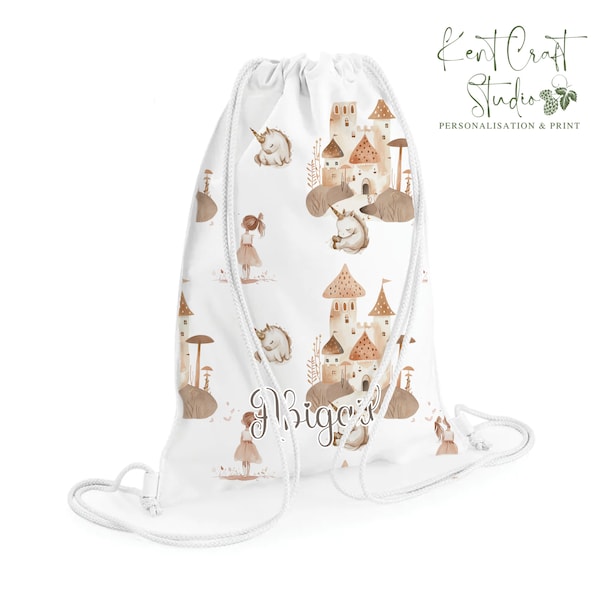 Personalised Boho Drawstring Gym PE Swim, Storage Bag, Princess Castle Unicorn