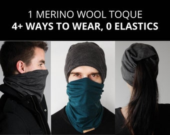 Double Layer Face Cover, Neck Gaiter, Beanie w/ Pocket - 1 Lightweight 100% Merino Wool Versa Toque | Temperature Regulating Merino Beanie